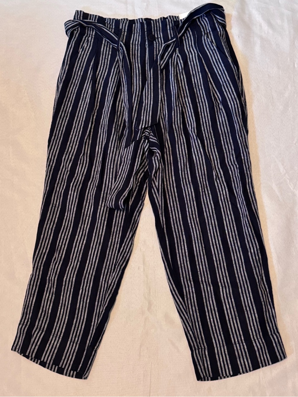NWT LOFT Ankle Belted Navy and White Striped Tie-Waist Linen Chinos Blue Stripe